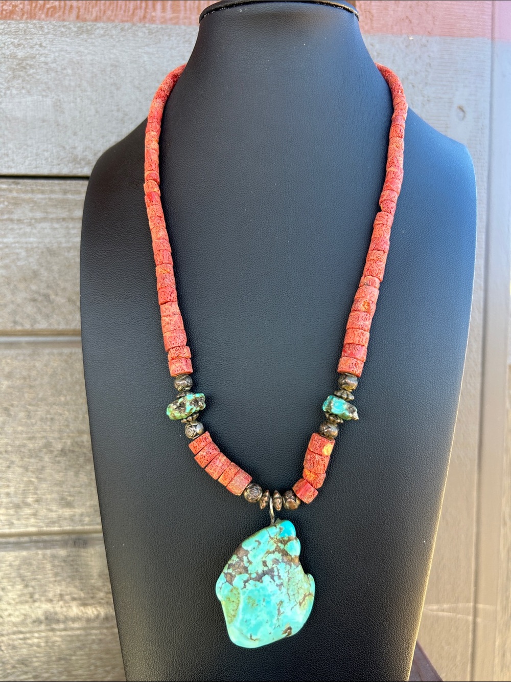 Handmade Vintage Coral Bead Necklace with Turquoise Pendant